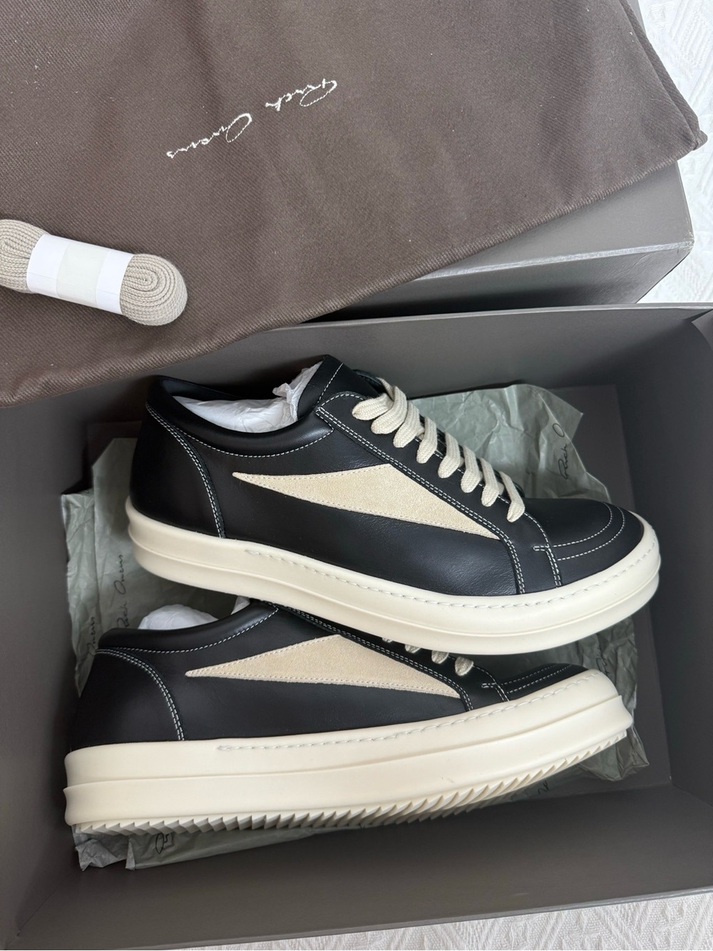 GoodRick Owens Black Leather Low-Top Sneakers with Cream Accents